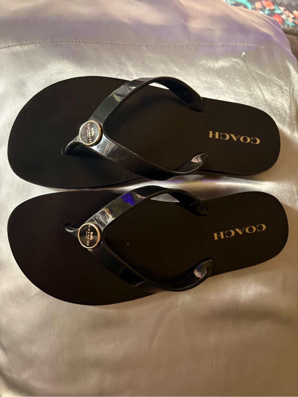 Coach Black Patent Logo Flip Flops with Gold Medallion